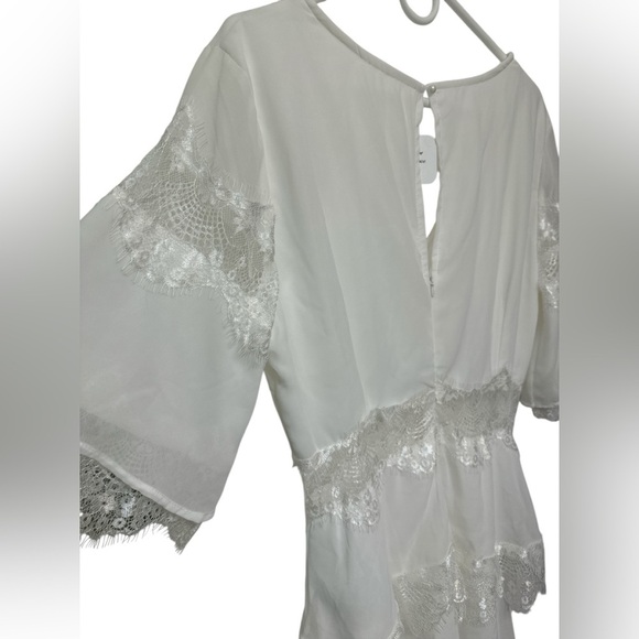 Tulle High Waist Hollow Out Lace Short Sleeve V Neck Long Dress - Picture 5 of 10